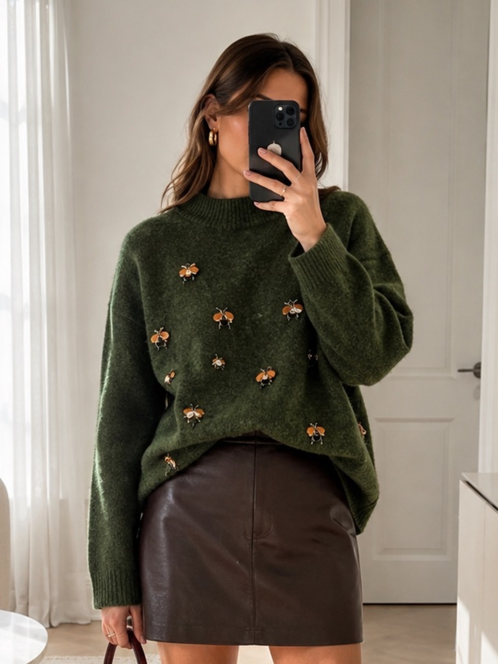 H&M Green Beaded Knit Sweater Embellished Crewneck Pullover Size S